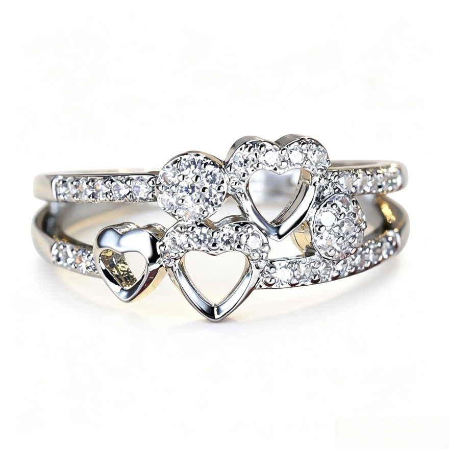 Double Layer Hollow Multi-Heart Paved Diamond Ring, Gold & Silver Sweet Luxury Stackable Design Band for Women