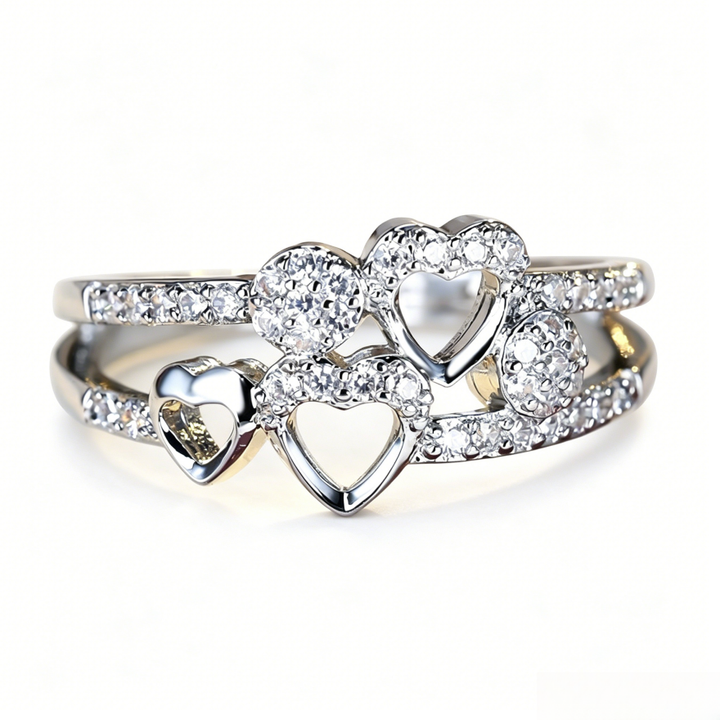 Double Layer Hollow Multi-Heart Paved Diamond Ring, Gold & Silver Sweet Luxury Stackable Design Band for Women