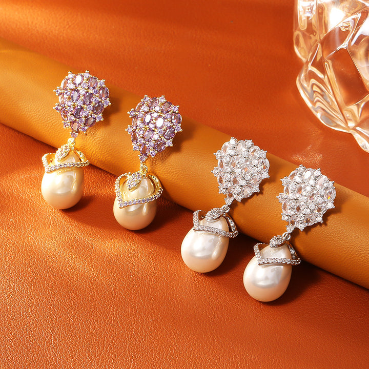 Double Layer Diamond Teardrop Pearl Drop Earrings, Vintage Glam Banquet Long Pearl Earrings, Silver & Gold Two Tones Available