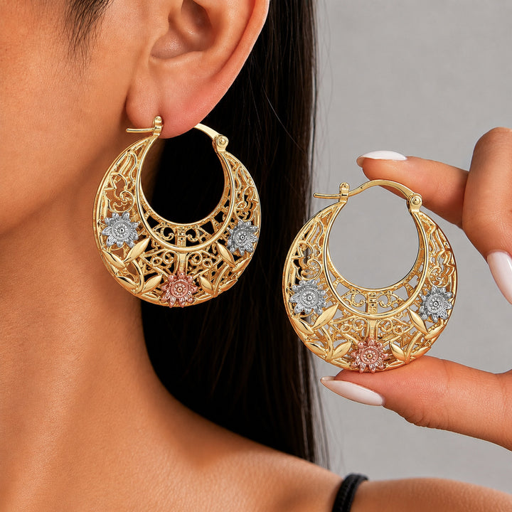 Tri-Tone Hollow Floral Leaf Hoop Earrings, Vintage Garden Style Two-Tone Leverback Earrings for Women