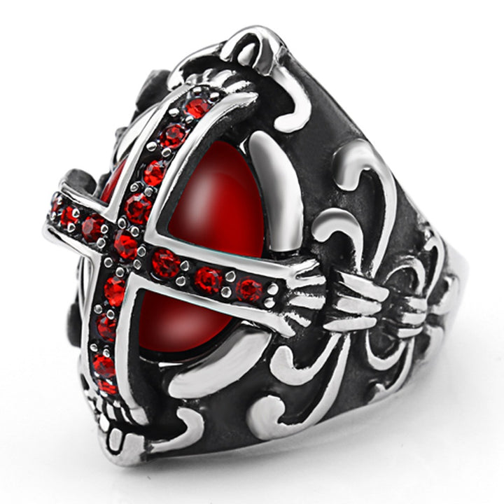 Vintage Cross Red Gem Embossed Antiqued Signet Ring, S925 Silver Dark Gothic Wide Band For Men