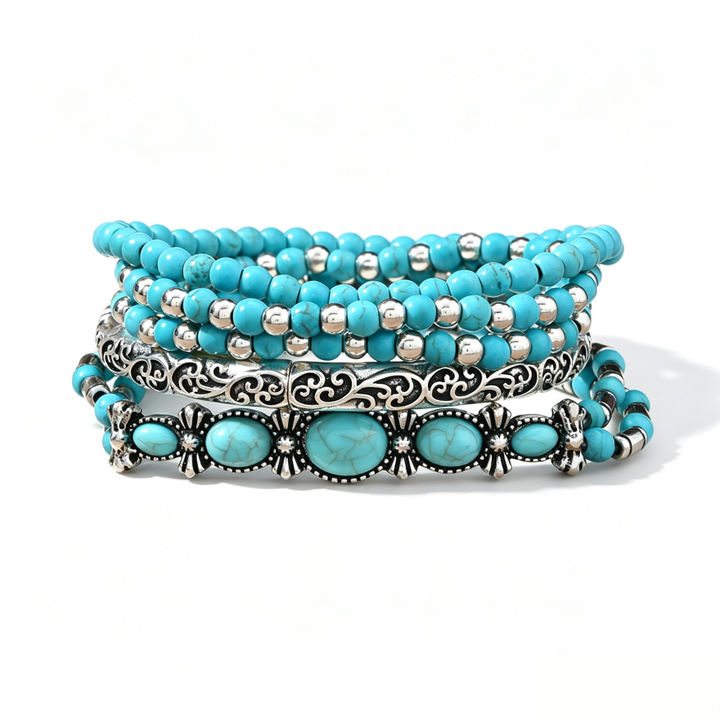 Bohemian Turquoise Multi-Layer Bracelet Set, Vintage Antique Silver Ethnic Stackable Beaded Bracelets, Women Vacation Jewelry
