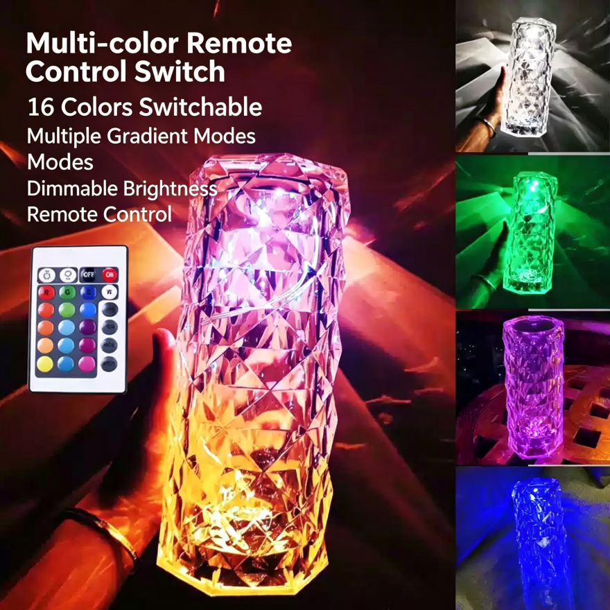 Diamond Cut Crystal Rose Atmosphere Table Lamp, 16 RGB Color Touch & Remote Rechargeable Projection Night Light