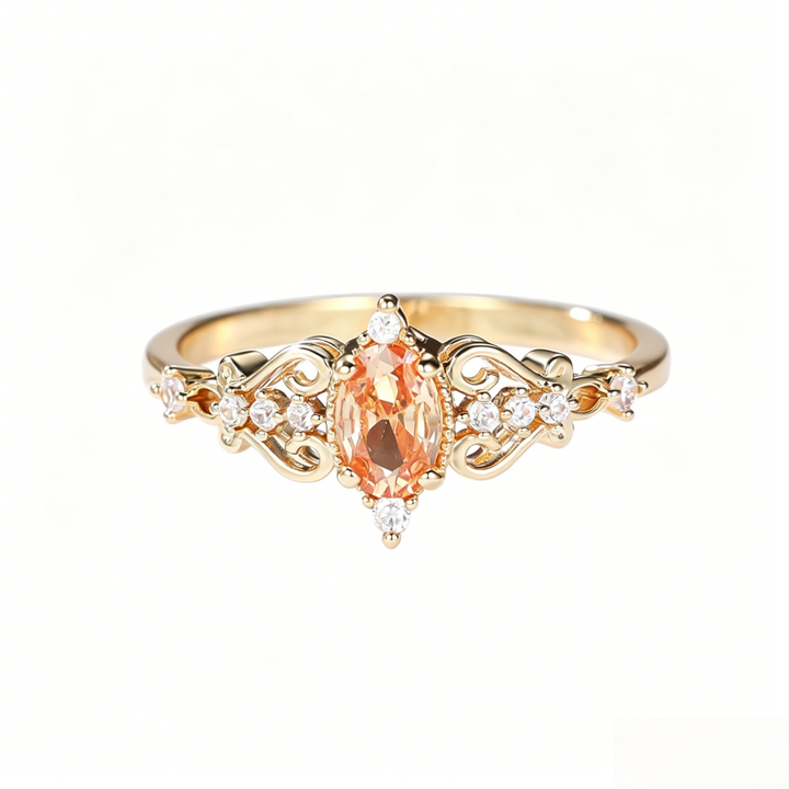 Vintage Openwork Champagne Oval Gem Ring, European Court Style Paved Crystal Women Band
