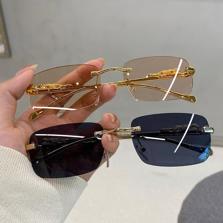 Luxury Leopard Carved Rimless Cut Sunglasses, Multi Gradient UV Protection Shades