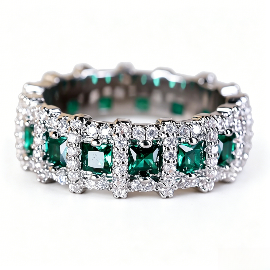 Square Gemstone Double Row Full Paved Eternity Band Ring, Emerald & Amethyst Luxury Women Formal Closed Statement Ring