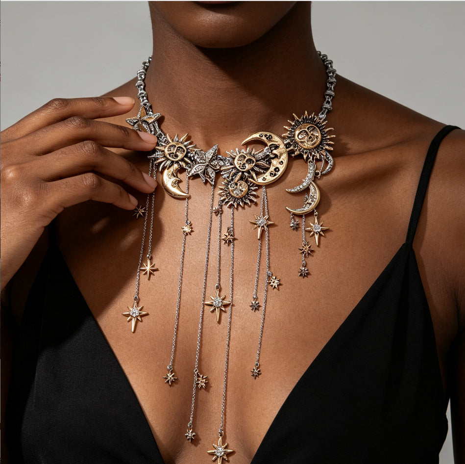 Vintage Sun Moon Star Tassel Choker