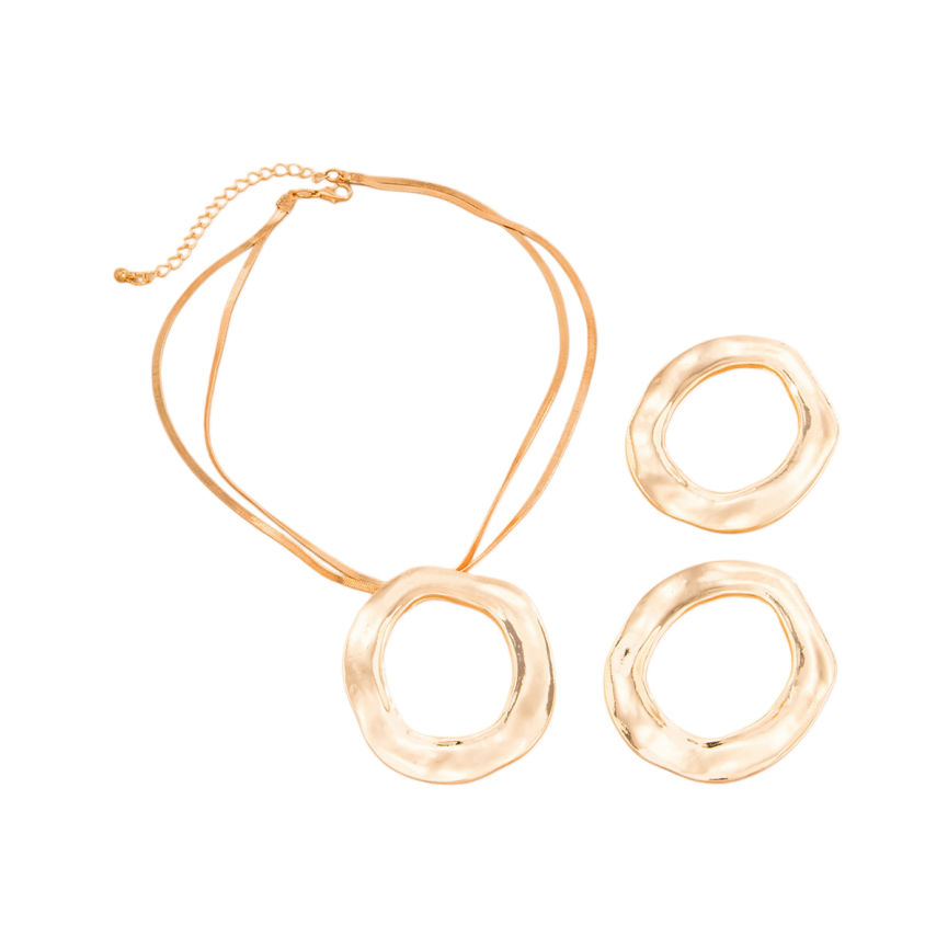 Textured Irregular Circle Jewelry Set, Double Snake Chain Necklace & Matching Large Hoop Earrings