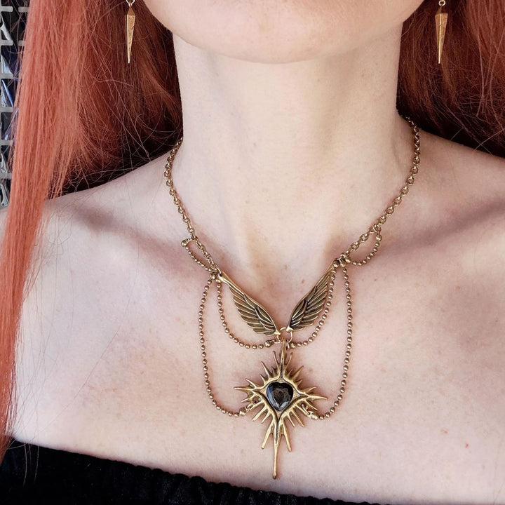 Vintage Wing Black Heart Star Necklace, Heavy Multi-Chain Wing Pendant, Antique Gold & Antique Silver Options
