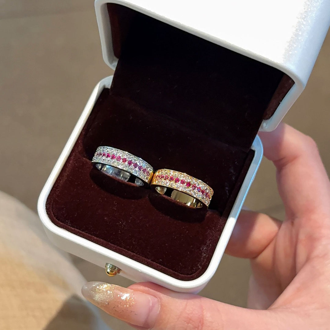 Three-Layer Color Contrast Paved Diamond Open Ring, Adjustable Thin Band Colorful Diamond Statement Ring