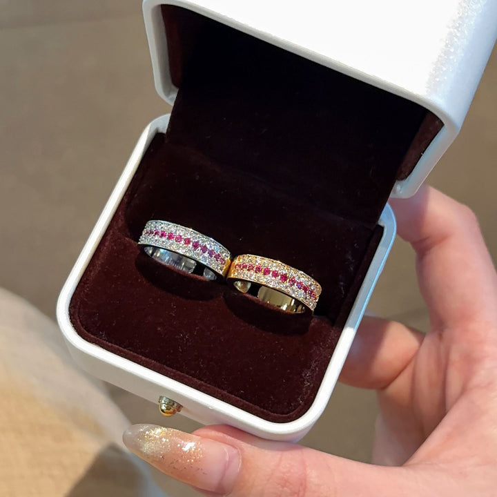 Three-Layer Color Contrast Paved Diamond Open Ring, Adjustable Thin Band Colorful Diamond Statement Ring