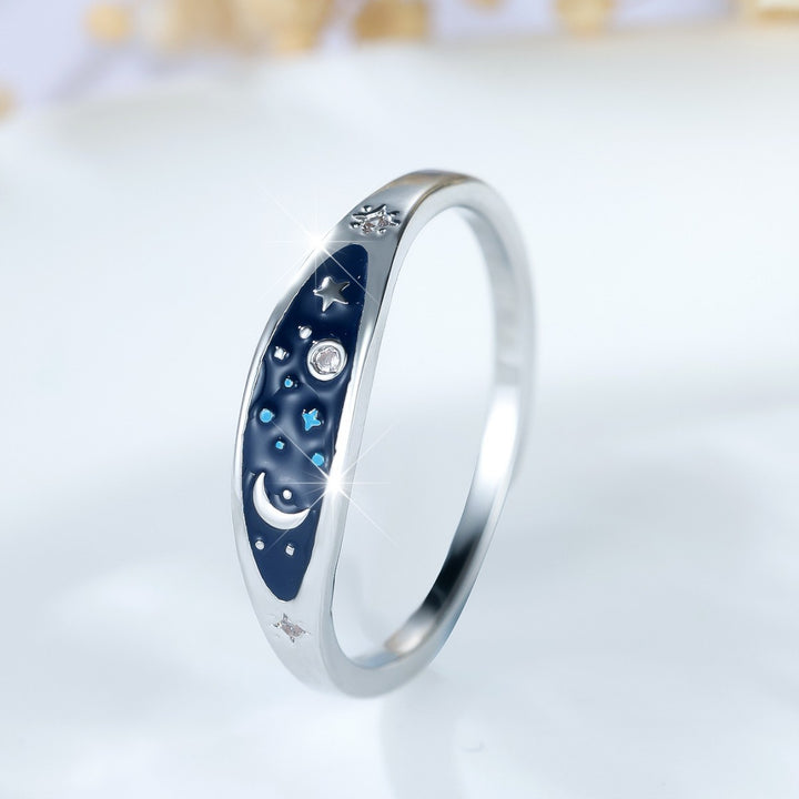 Starry Sky Moon & Star Enamel S925 Silver Ring, Dark Blue Enamel Minimalist Ring, 2 Colors Available