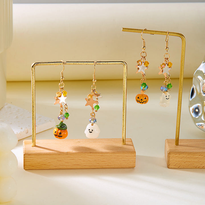 Halloween Asymmetric Pumpkin & Ghost Long Hook Earrings, Colorful Beaded Star Fun S925 Silver Earrings