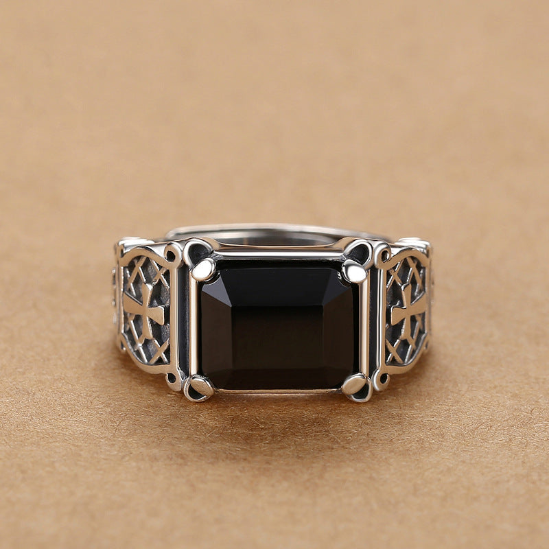 Vintage Rectangular Black Gem Cross Hollow‑Out Men's Ring