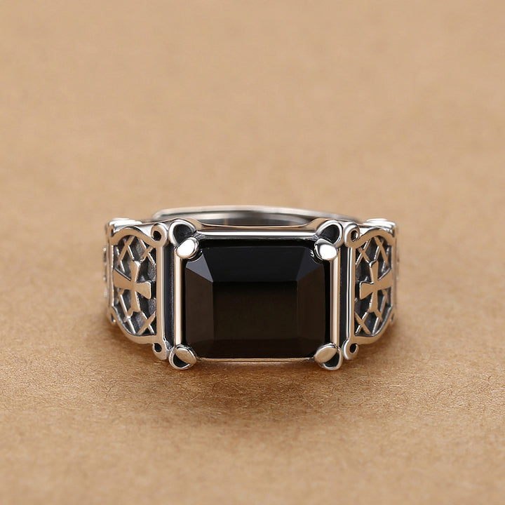 Vintage Rectangular Black Gem Cross Hollow‑Out Men's Ring