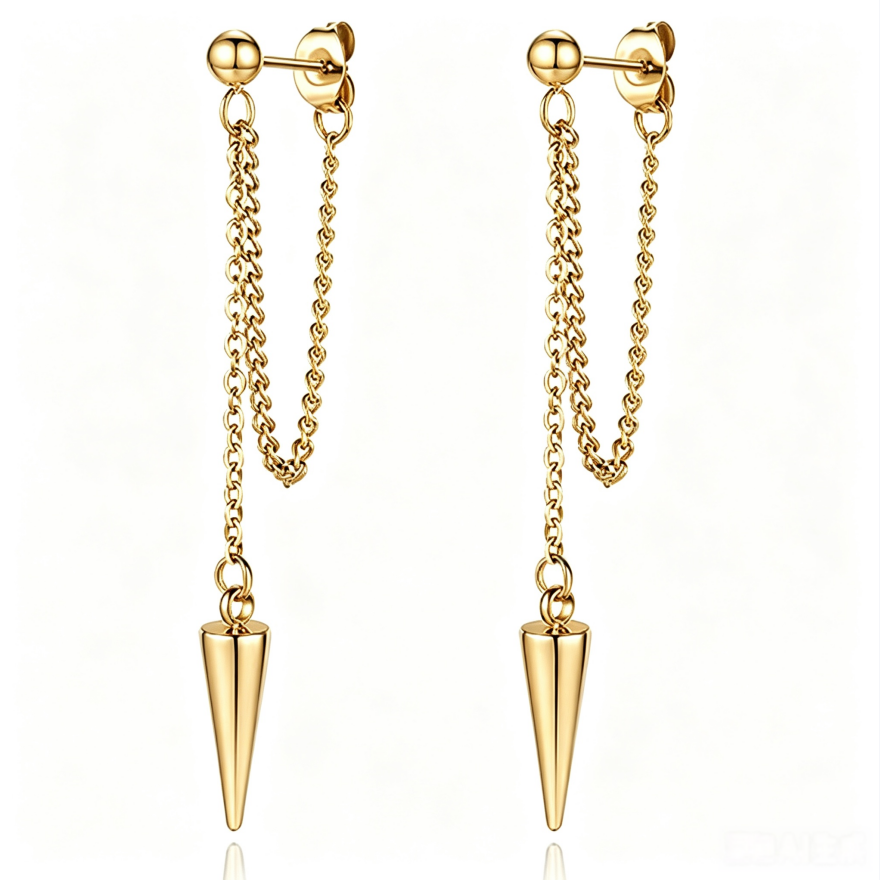 Double Chain Cone Spike Long Stud Earrings, Punk Taper Tassel Jewelry Gold Silver Black S925 Silver Dangles