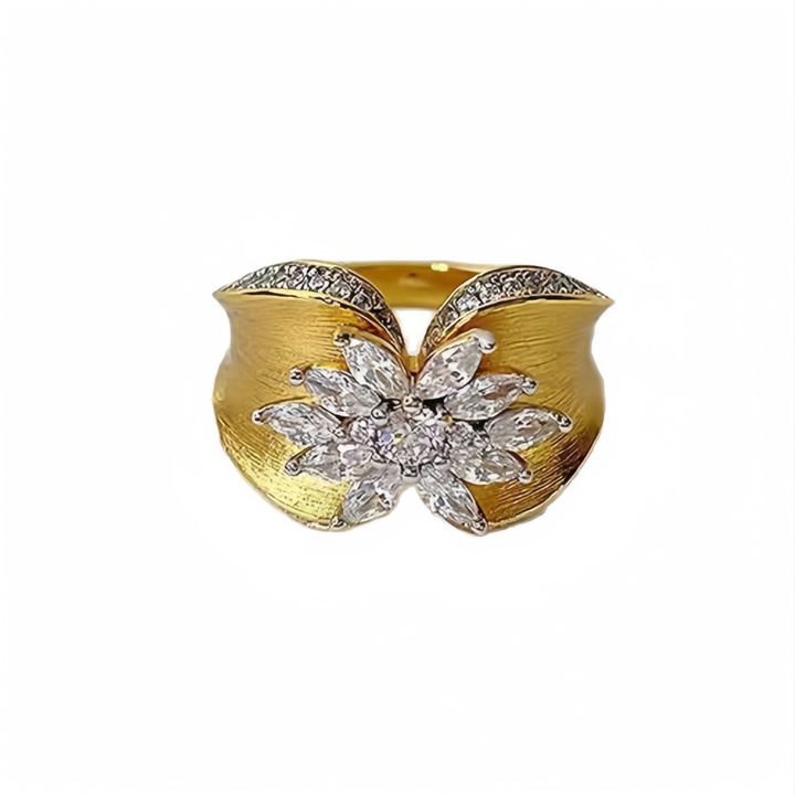 Brushed Finish Flower Diamond Statement Ring (2 Colors Luxury Delicate Band)