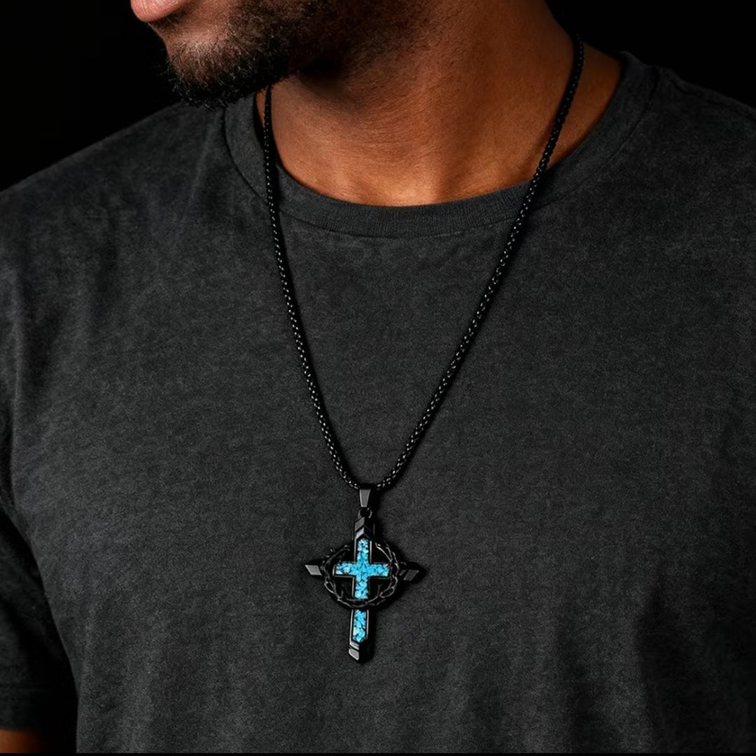 Thorn Wrapped Turquoise Chip Cross Necklace, Gold & Silver Vintage Punk Necklace for Men