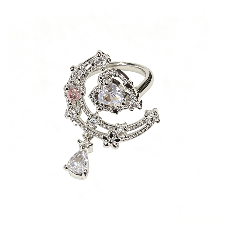 Moon‑Star Heart Teardrop Dangling Open Ring, Multi‑Color Options
