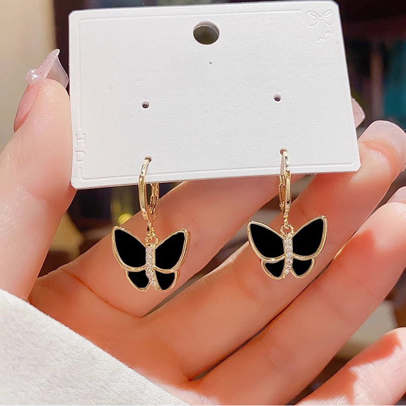 Light Luxury Enamel & Shell Butterfly Hoop Earrings, Delicate Paved Diamond Dainty Gold Dangle Earrings for Women