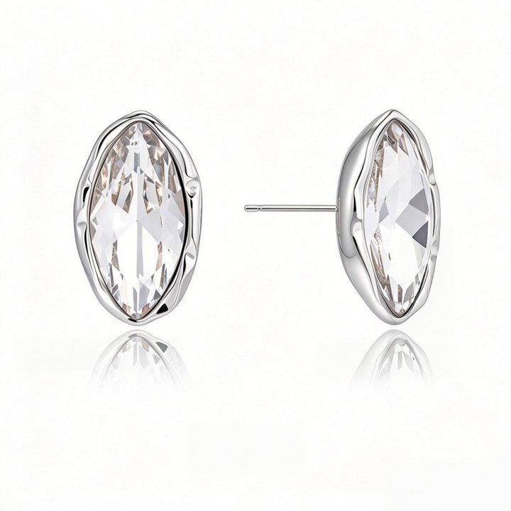 Irregular Bezel Set Marquise Diamond Stud Earrings, Minimalist Luxury Oval Cut Diamond Earrings, Gold & Silver Two Tones Available