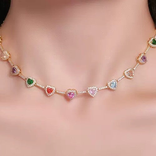 Rainbow Heart Diamond Choker & Bracelet Set (Dopamine Sweet-Cool Vibe Style)