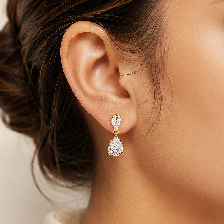 Double Teardrop Diamond Drop S925 Silver Earrings, Luxury Two Linked Pear Cut Diamond Long Dangle Earrings, Gold & Silver Two Tones