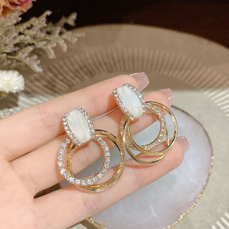 Iridescent Shell & Double Circle Pave Earrings (Light Luxury Minimalist Elegance Style)