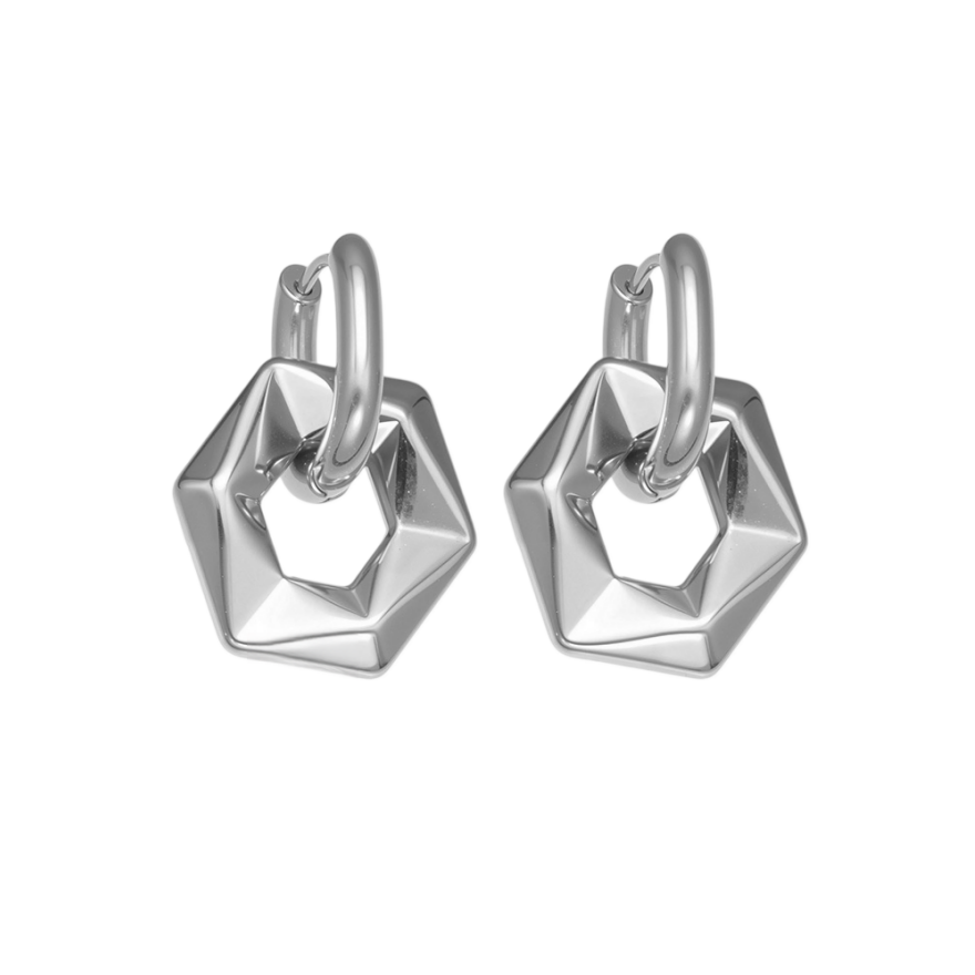 Faceted Geometric S925 Silver Huggie Earrings, Gold & Silver Two Tones Detachable Hexagon Drop Earrings