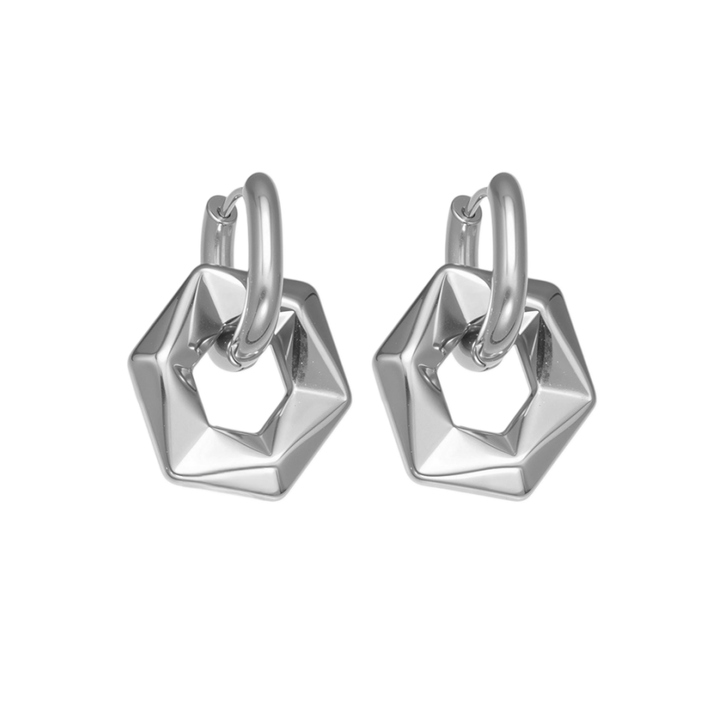 Faceted Geometric S925 Silver Huggie Earrings, Gold & Silver Two Tones Detachable Hexagon Drop Earrings