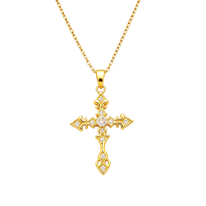 Vintage Engraved Cross Diamond Necklace, S925 Sterling Silver European Pattern Cross Pendant, Gold & Silver Two-Tone Niche Clavicle Chain