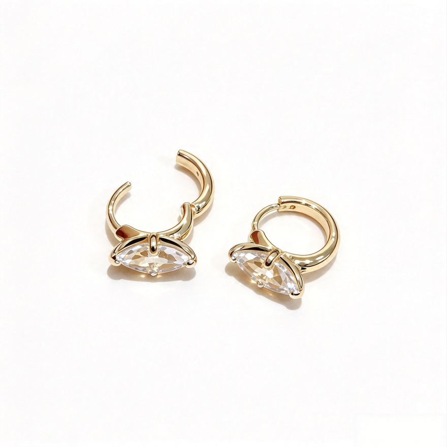 S925 Silver Marquise Cut Diamond Huggie Earrings, Minimalist Paved Hoop Earrings in Gold & Silver Two Tones