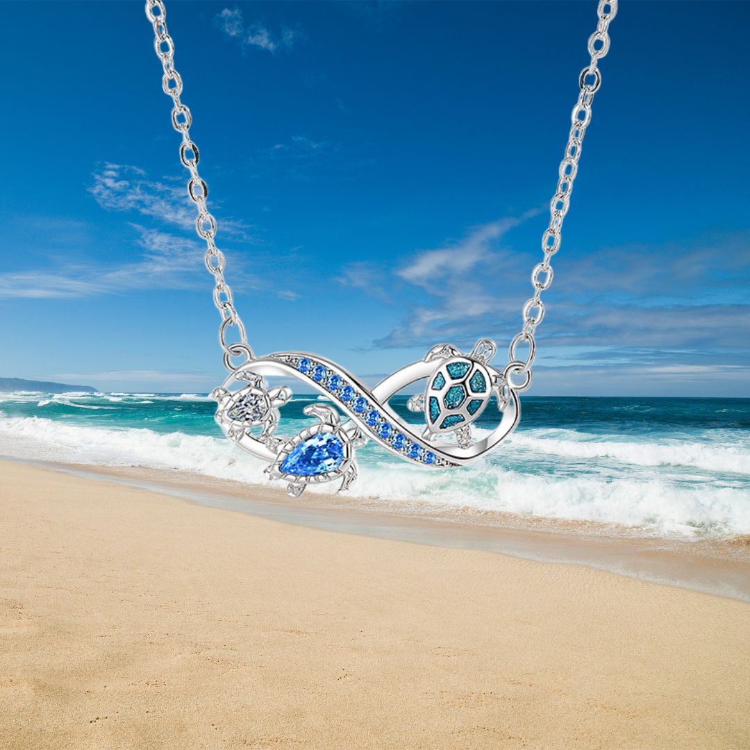 Infinity Three Sea Turtles Blue Diamond Necklace, S925 Sterling Silver Ocean Style Clavicle Jewelry