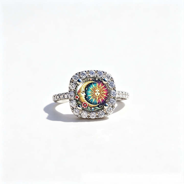 Sun & Moon Face Printed Square Halo Ring