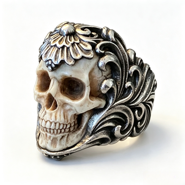 Vintage Baroque Scroll & Lotus Bone Carved Skull Wide Ring, S925 Silver Antiqued Gothic Embossed Men’s Band