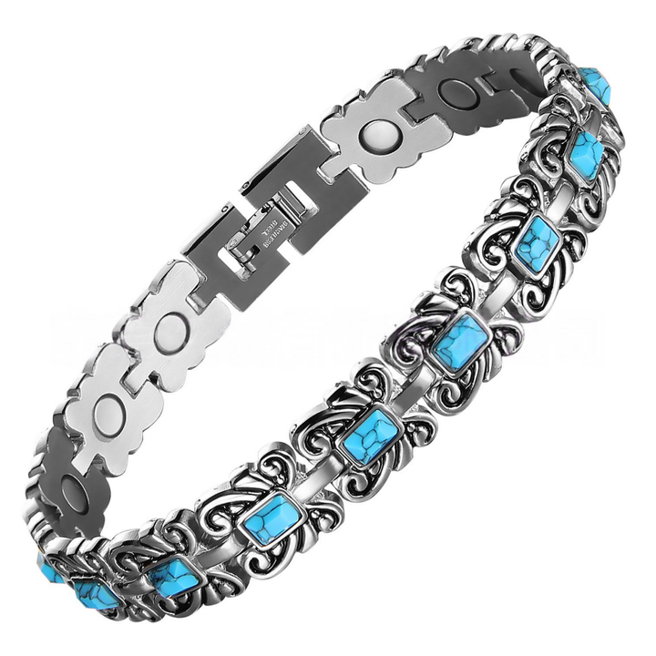 Vintage Carved Turquoise Titanium Steel Bracelet, 2-Tone Ethnic Link Bangle for Men