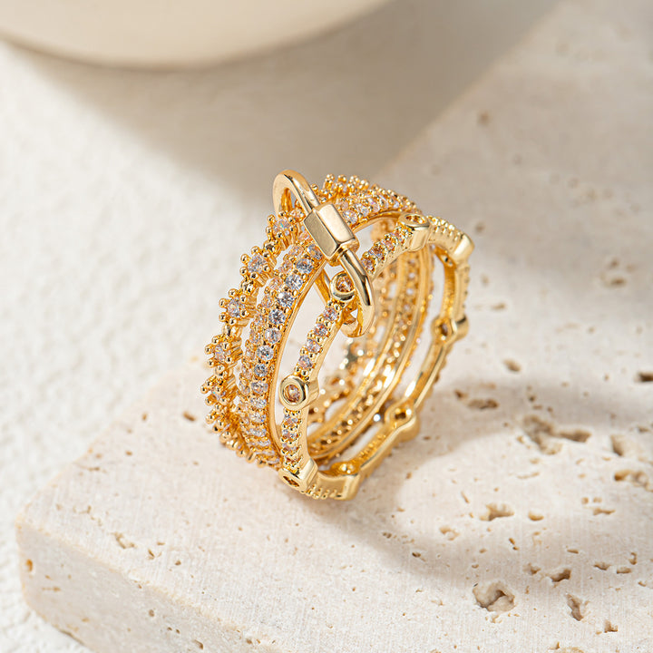 Multi-Layer Lock Paved Diamond S925 Silver Stackable Ring, Luxury Horseshoe Buckle Band Available in 2 Tones