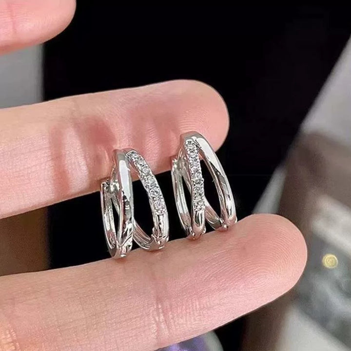 S925 Silver Double Layer Intertwined Diamond Hoop Earrings, Minimalist Luxury Cross Diamond Huggie Hoops