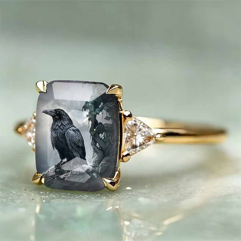Rectangle‑Shape Crow Printed Ring, Two‑Tone Options
