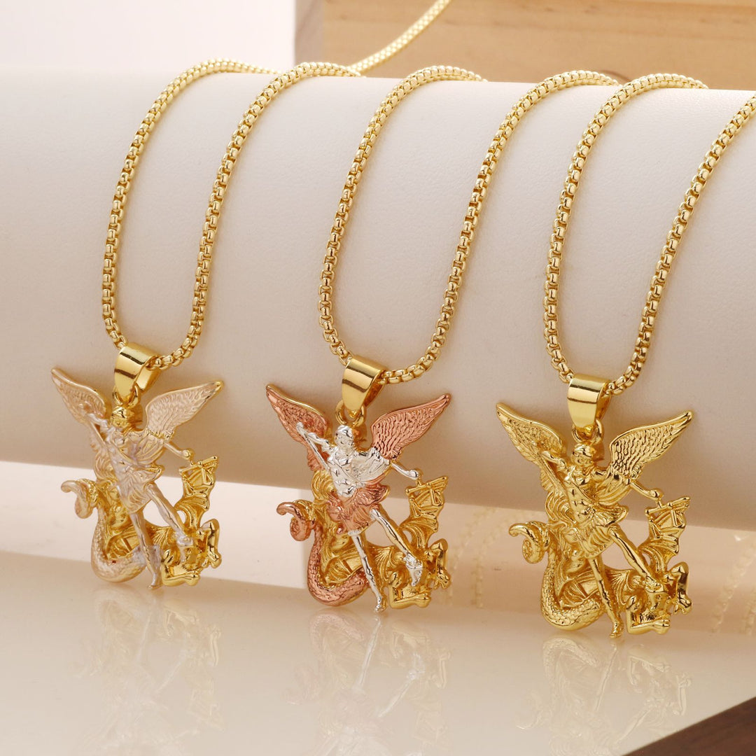 Archangel Defeating Dragon 3D Relief Pendant Necklace, 3‑Tone Vintage Heavy‑Craft Men’s Box‑Chain Necklace