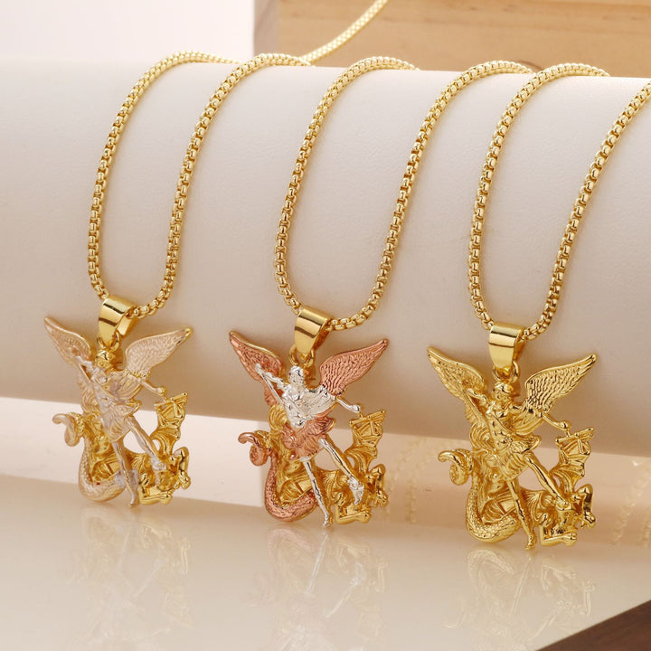 Archangel Defeating Dragon 3D Relief Pendant Necklace, 3‑Tone Vintage Heavy‑Craft Men’s Box‑Chain Necklace