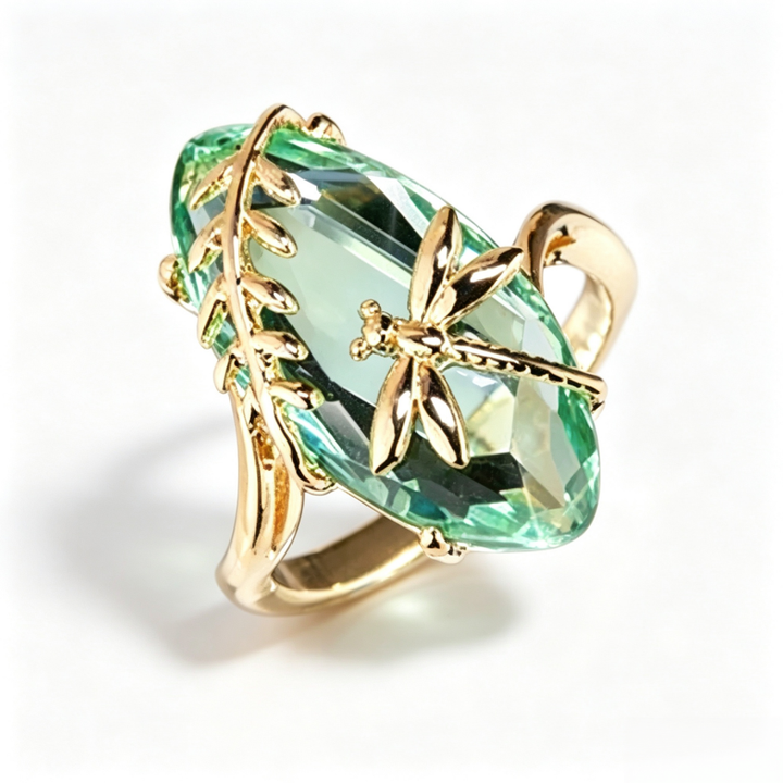 Twisted‑Leaf Irregular Green Gem Ring, Two‑Tone Options