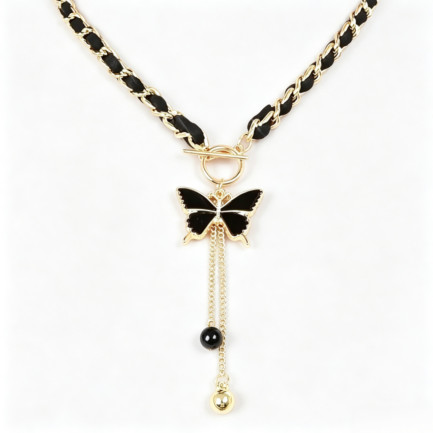 Vintage Leather Woven OT Clasp Necklace, Butterfly & Heart Dual Pendant Tassel Choker