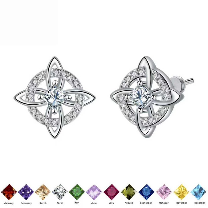 Witch's Knot Birthstone Stud Earrings (12 Colors Silver Tone Jewelry)