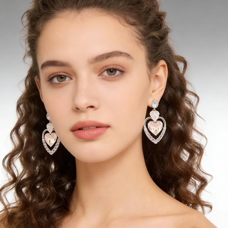 Double Heart Pavé Champagne Gold Drop Earrings (Luxury Gentle Sweetheart Jewelry)