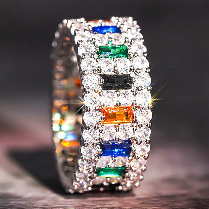 Rainbow Double-Row Pavé Diamond Ring (Hip-Hop Luxury Men's Band)
