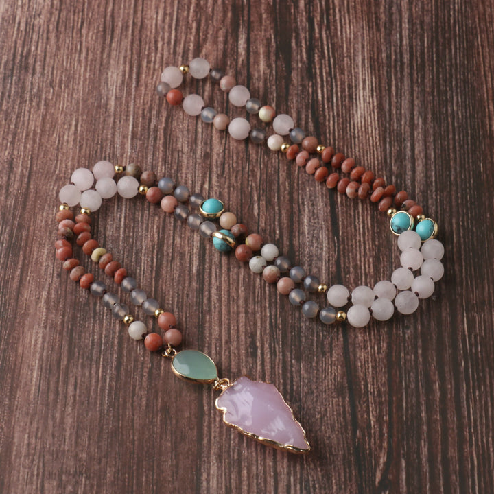 Gentle Style Pink Crystal Leaf Multi-Stone Long Beaded Necklace, Natural Frosted Jade Turquoise Vintage Versatile Sweater Chain