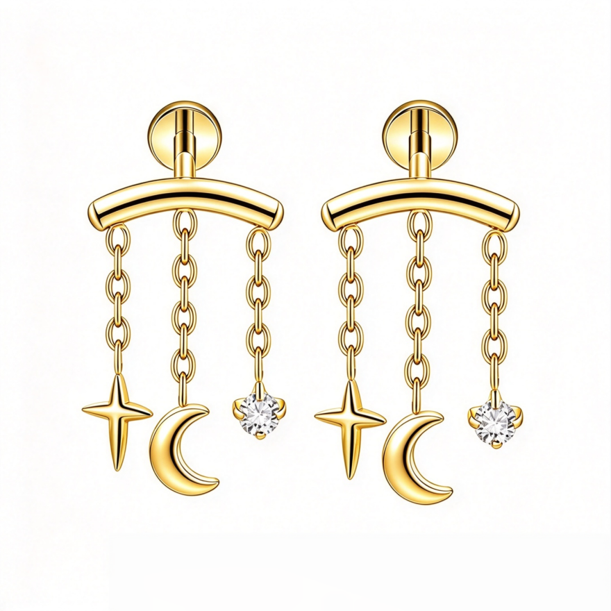 Star Moon Triple Chain Tassel S925 Silver Stud Earrings, Curved Bar Cross Star Moon Diamond Pair Earrings, Gold & Silver Two Tones