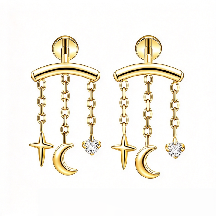 Star Moon Triple Chain Tassel S925 Silver Stud Earrings, Curved Bar Cross Star Moon Diamond Pair Earrings, Gold & Silver Two Tones