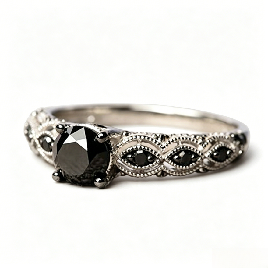 Vintage Filigree Black Diamond 4-Prong Ring, Dark Gothic Antique Silver Band